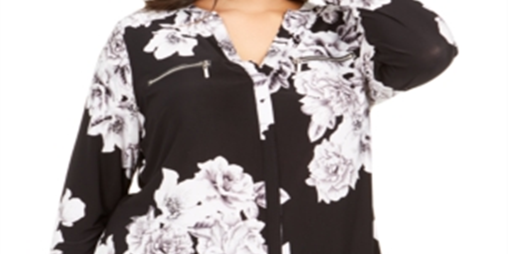 INC International Concepts Women's Printed Zip Pocket Top Black Size -0X