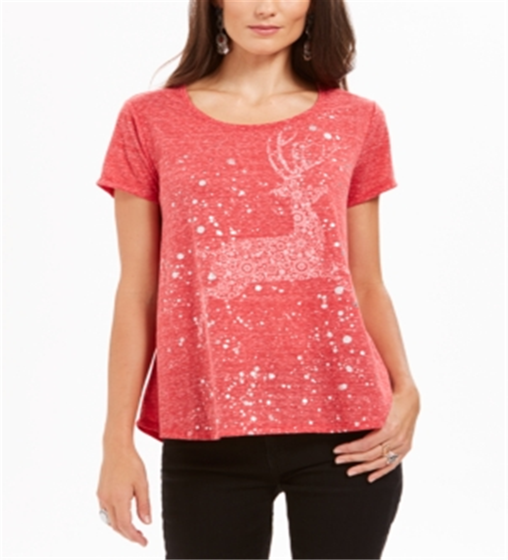 Style & Co Women's Reindeer Graphic Print T-Shirt Red Size Petite L