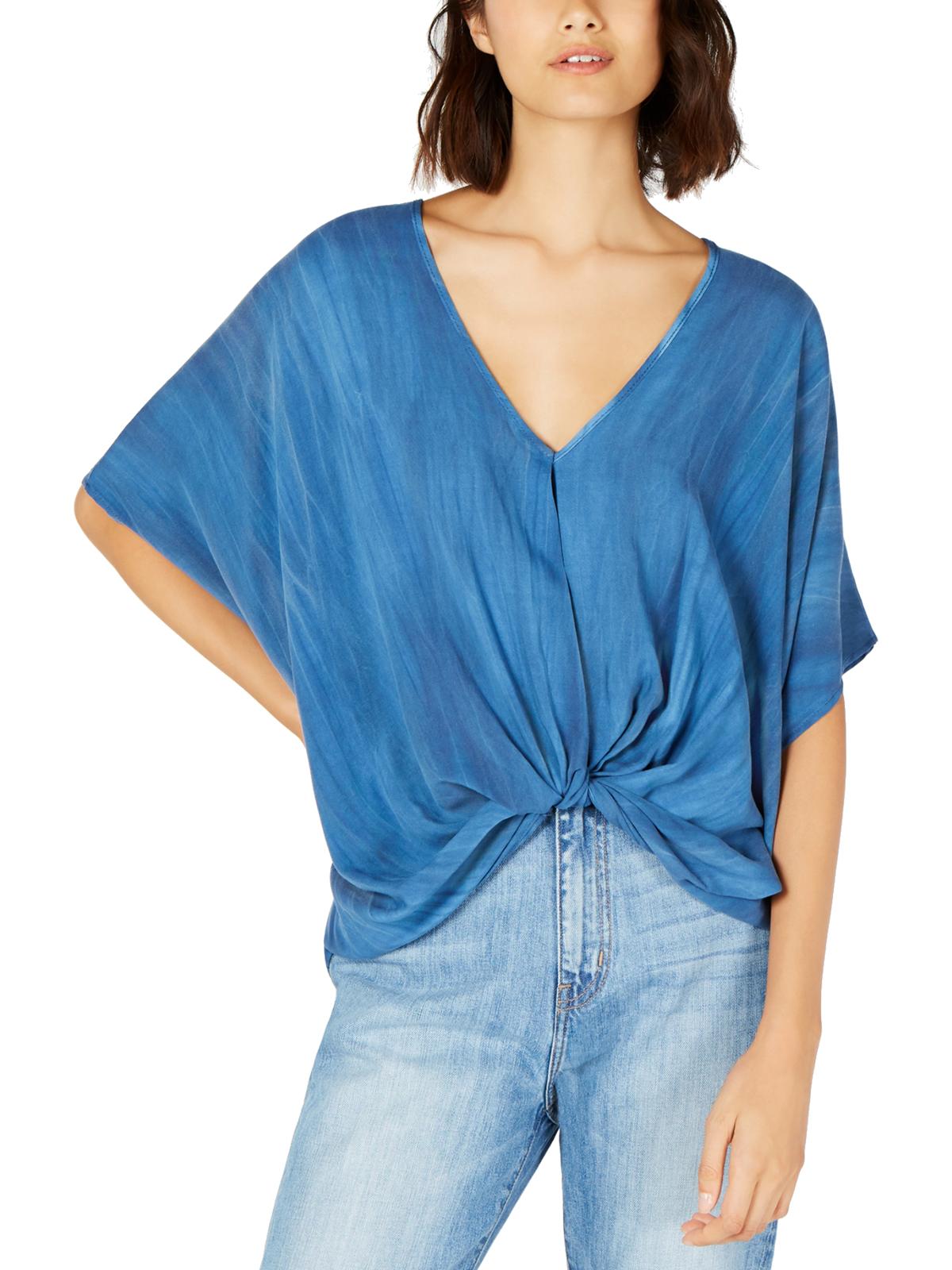 Polly & Esther Women's Knot Front Dolman Sleeve Casual Top Blue Size Small