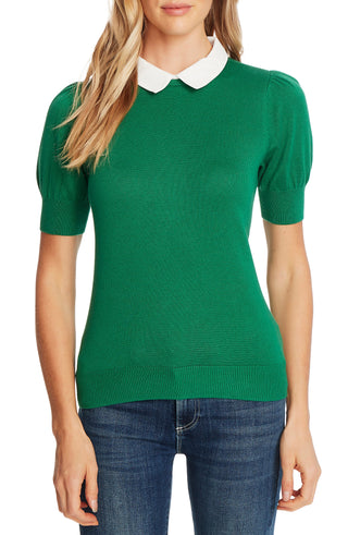 CeCe Women's Short Sleeve Collared Sweater Green Size M