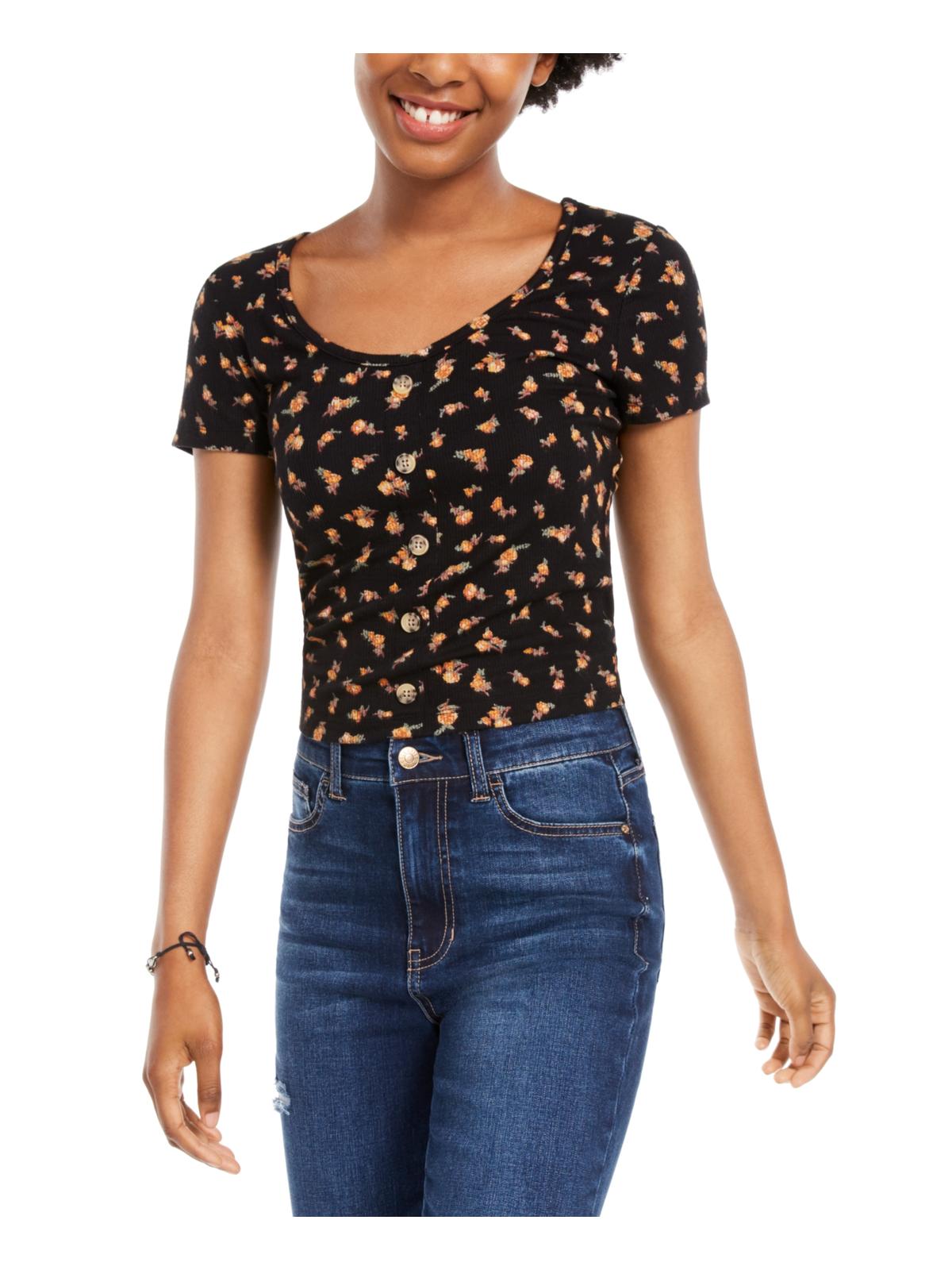 Hippie Rose Junior's Floral Print Ribbed Blouse Black Size X-Large