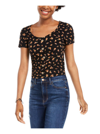 Hippie Rose Junior's Floral Print Ribbed Blouse Black Size X-Large