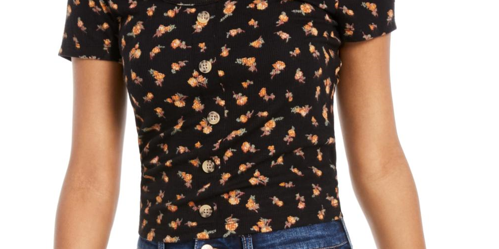 Hippie Rose Junior's Floral Print Ribbed Blouse Black Size X-Large