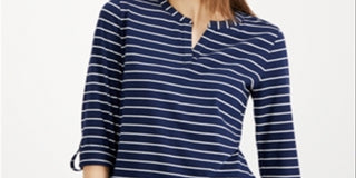 Charter Club Women's Striped Split Neck Top Blue Size Petite Small