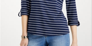 Charter Club Women's Striped Split Neck Top Blue Size Petite Small