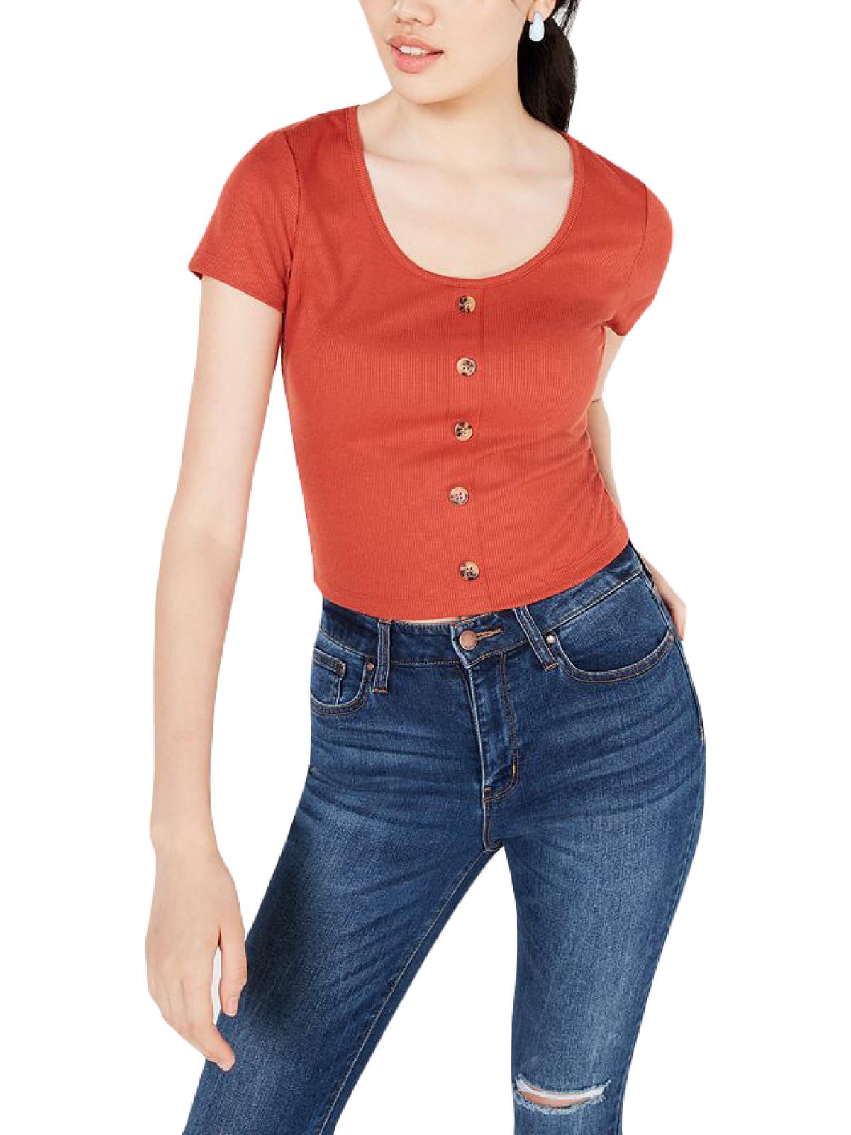 Hippie Rose Junior's Floral Print Ribbed Blouse Orange Size X-Large