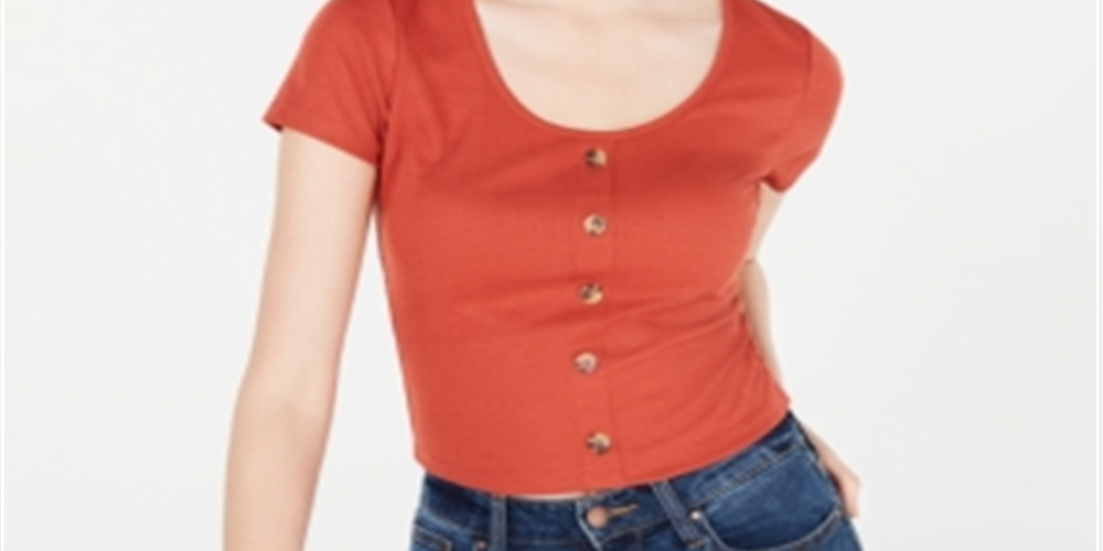 Hippie Rose Junior's Button Front Rib Knit T-Shirt Brown Size X-Small