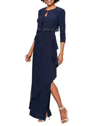 Alex Evenings Women's Fringed Rhinestone 3/4 Sleeve Open Cardigan Formal Top Blue Size 10