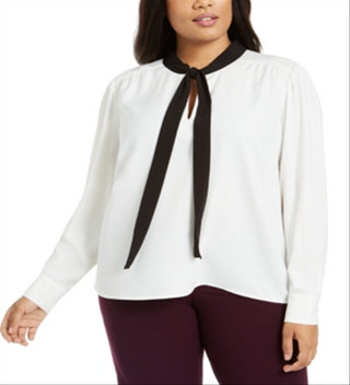Calvin Klein Women's Long Sleeve Tie Neck Wear to Work Top Plus White Size 3X