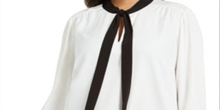 Calvin Klein Women's Long Sleeve Tie Neck Wear to Work Top Plus White Size 3X
