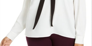 Calvin Klein Women's Long Sleeve Tie Neck Wear to Work Top Plus White Size 3X