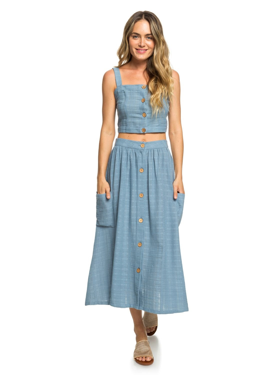 Roxy Women's Ocean Groove Buttoned Crop Top Blue Size Small