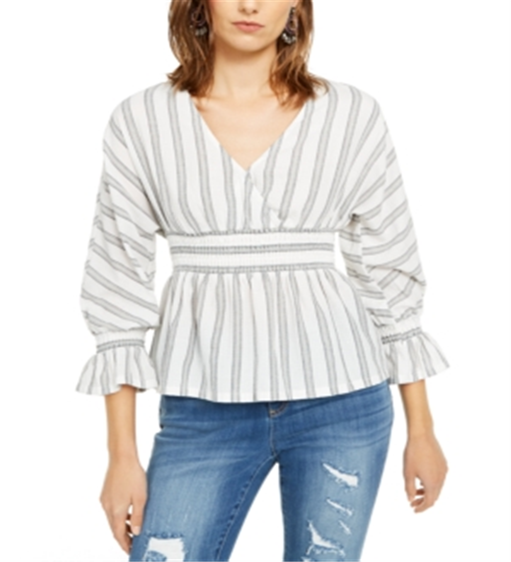INC International Concepts Women's Striped Smocked-Waist Top White Size Petite Medium