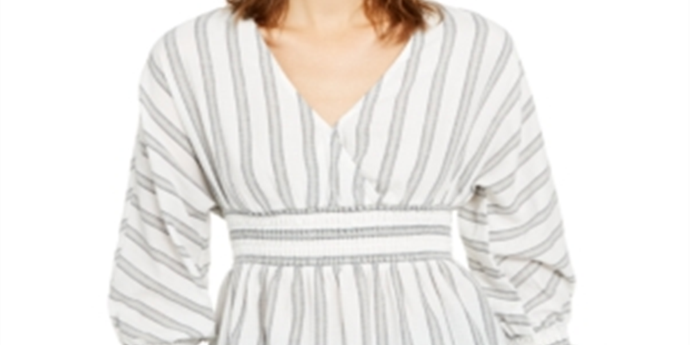 INC International Concepts Women's Striped Smocked-Waist Top White Size Petite Medium