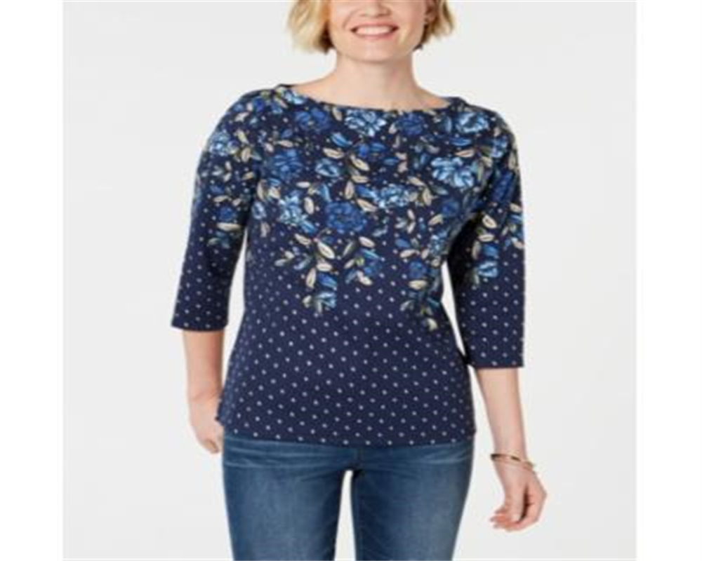 Karen Scott Women's Printed 3/4 Sleeve Top Blue Size Petite
