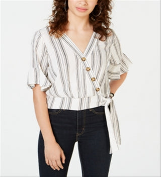 Gypsies & Moondust Junior's Striped Wrap Blouse White Size X-Small