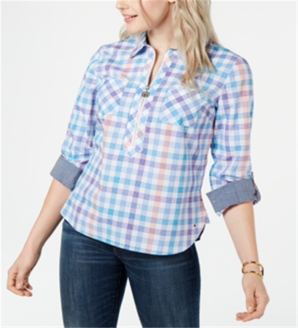 Tommy Hilfiger Women's Popover Zip Neck Plaid Top Blue Size Medium
