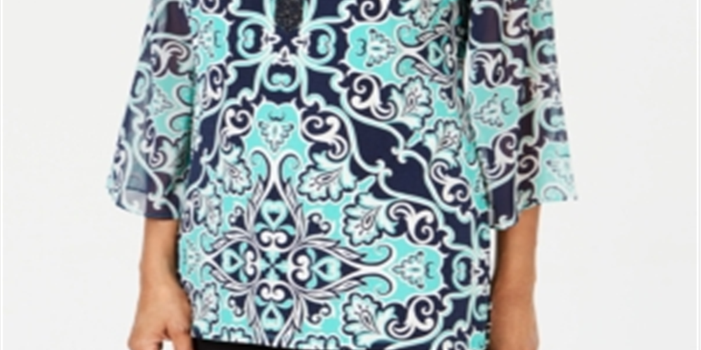 JM Collection Women's Embellished Neck Tunic Blue Size Medium