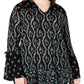 Style & Co Women's Floral Tie Neck Top Black Size 0X