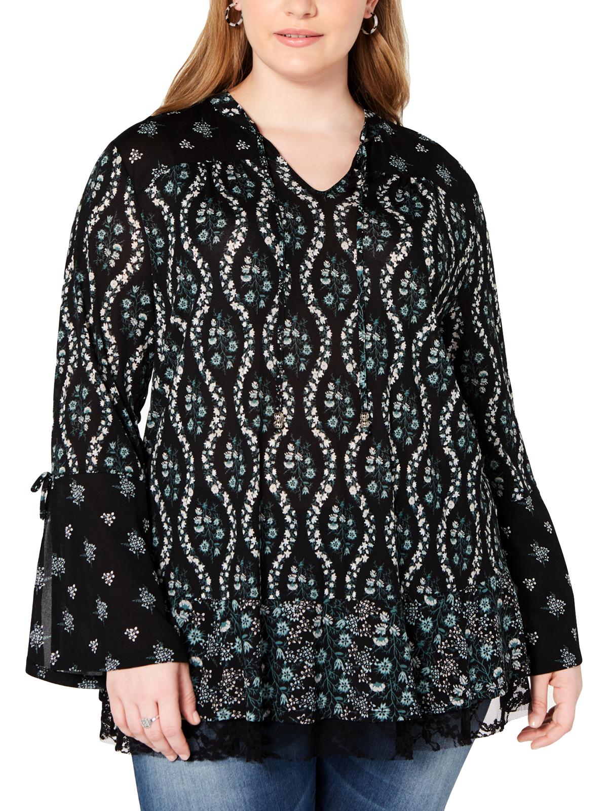 Style & Co Women's Floral Tie Neck Top Black Size 0X
