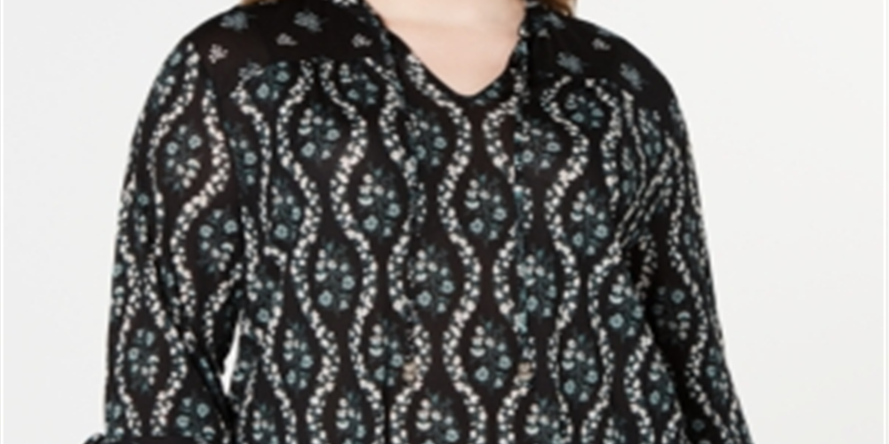 Style & Co Women's Floral Tie Neck Top Black Size 0X