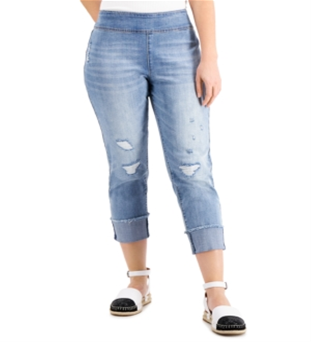 INC International Concepts Women's Mid Rise Ripped Straight Leg Pull on Jeans Blue Size 12/31