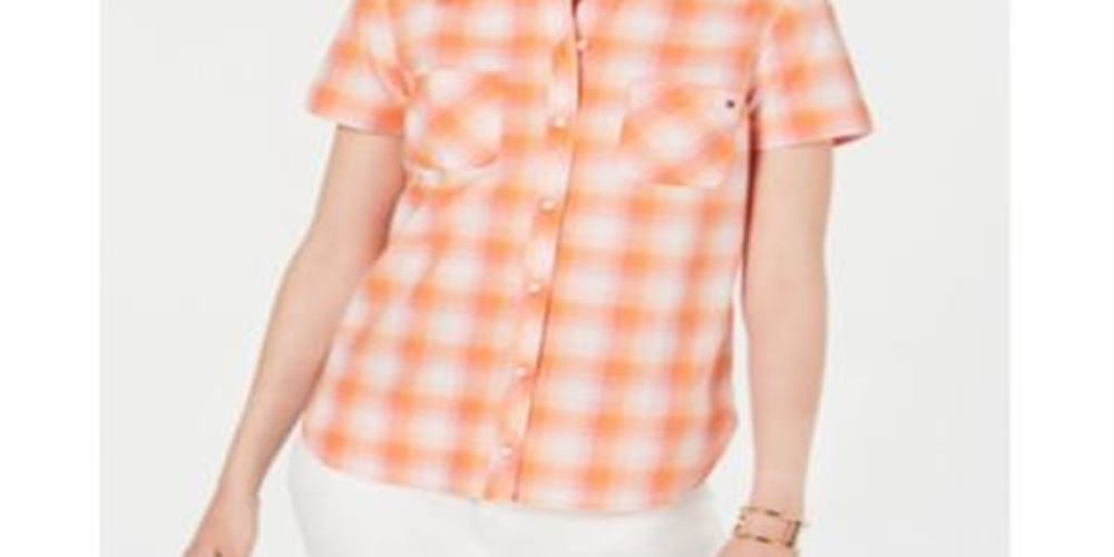 Tommy Hilfiger Women's Plaid Button Down Top Orange Size Medium