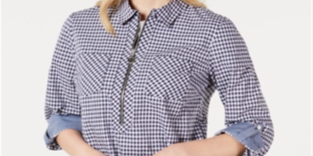 Tommy Hilfiger Women's Gingham Cotton Zip up Top Blue Size Medium