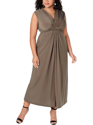 Love Squared Women's Ruched Tie Cap Sleeve V Neck Full Length Empire Waist Evening Dress Green Size 2X