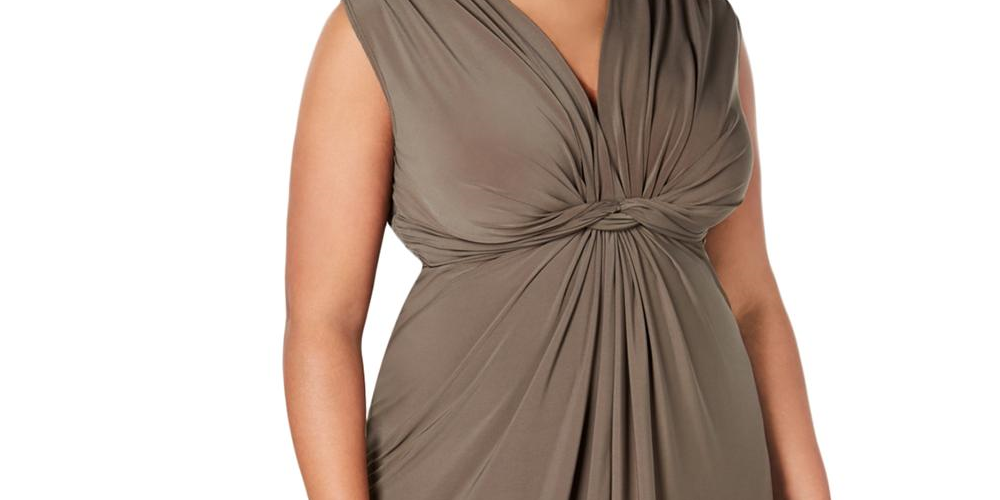 Love Squared Women's Ruched Tie Cap Sleeve V Neck Full Length Empire Waist Evening Dress Green Size 2X