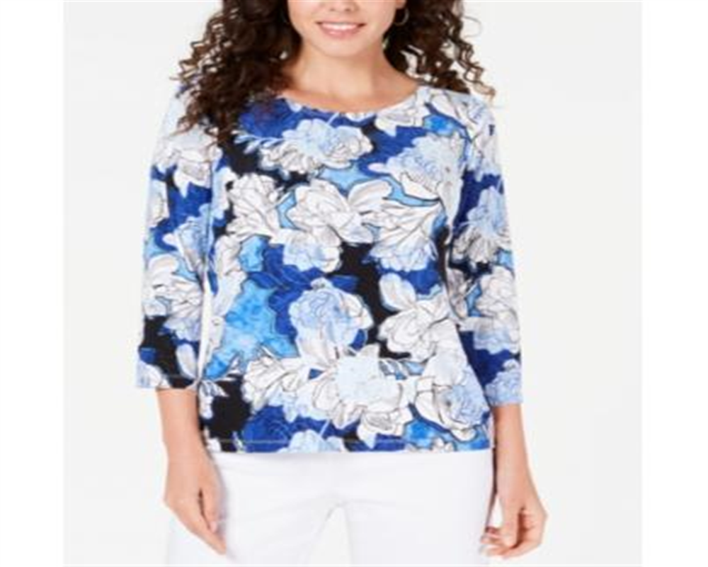 JM Collection Women's Printed Jacquard Top Blue Size Petite