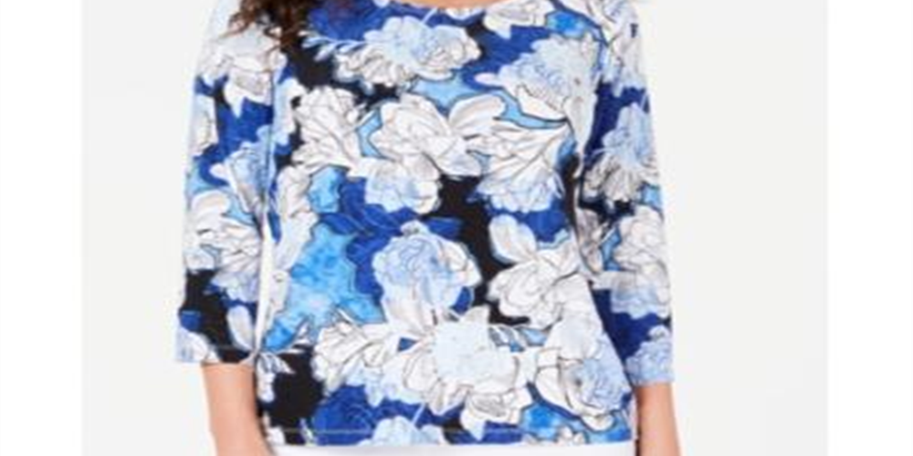 JM Collection Women's Printed Jacquard Top Blue Size Petite