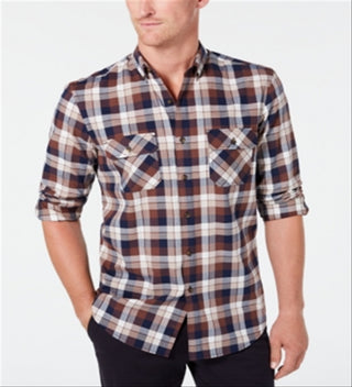 Club Room Men's Windowpane Plaid Collared Classic Fit Cotton Dress Shirt Brown Size X-Large