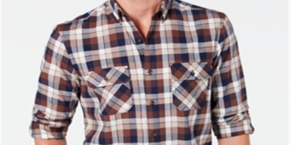 Club Room Men's Windowpane Plaid Collared Classic Fit Cotton Dress Shirt Brown Size X-Large