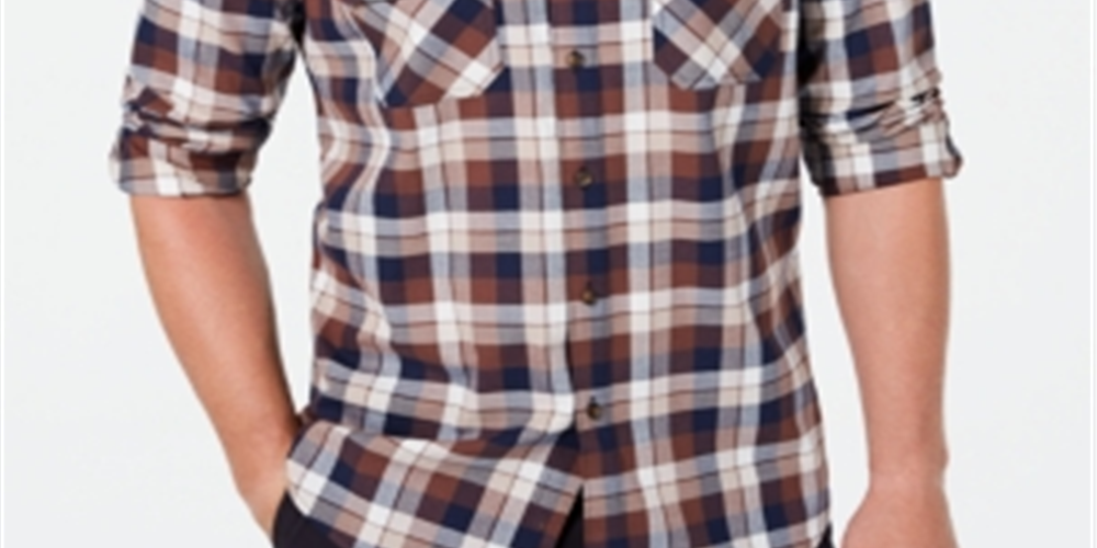 Club Room Men's Windowpane Plaid Collared Classic Fit Cotton Dress Shirt Brown Size X-Large