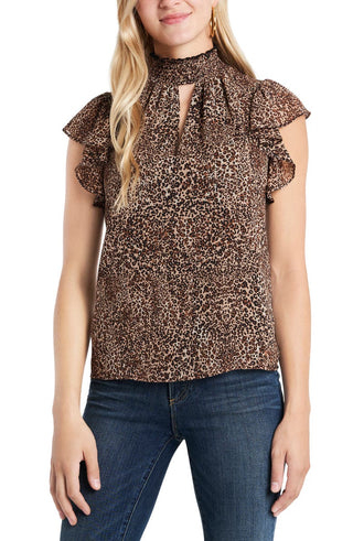 1.STATE Women's Keyhole Leopard Print Top  Brown Size Medium