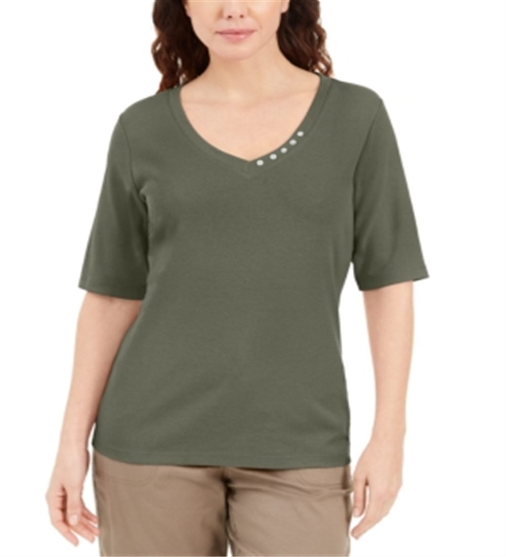 Karen Scott Women's Button Detail V Neck Top Green Size Large