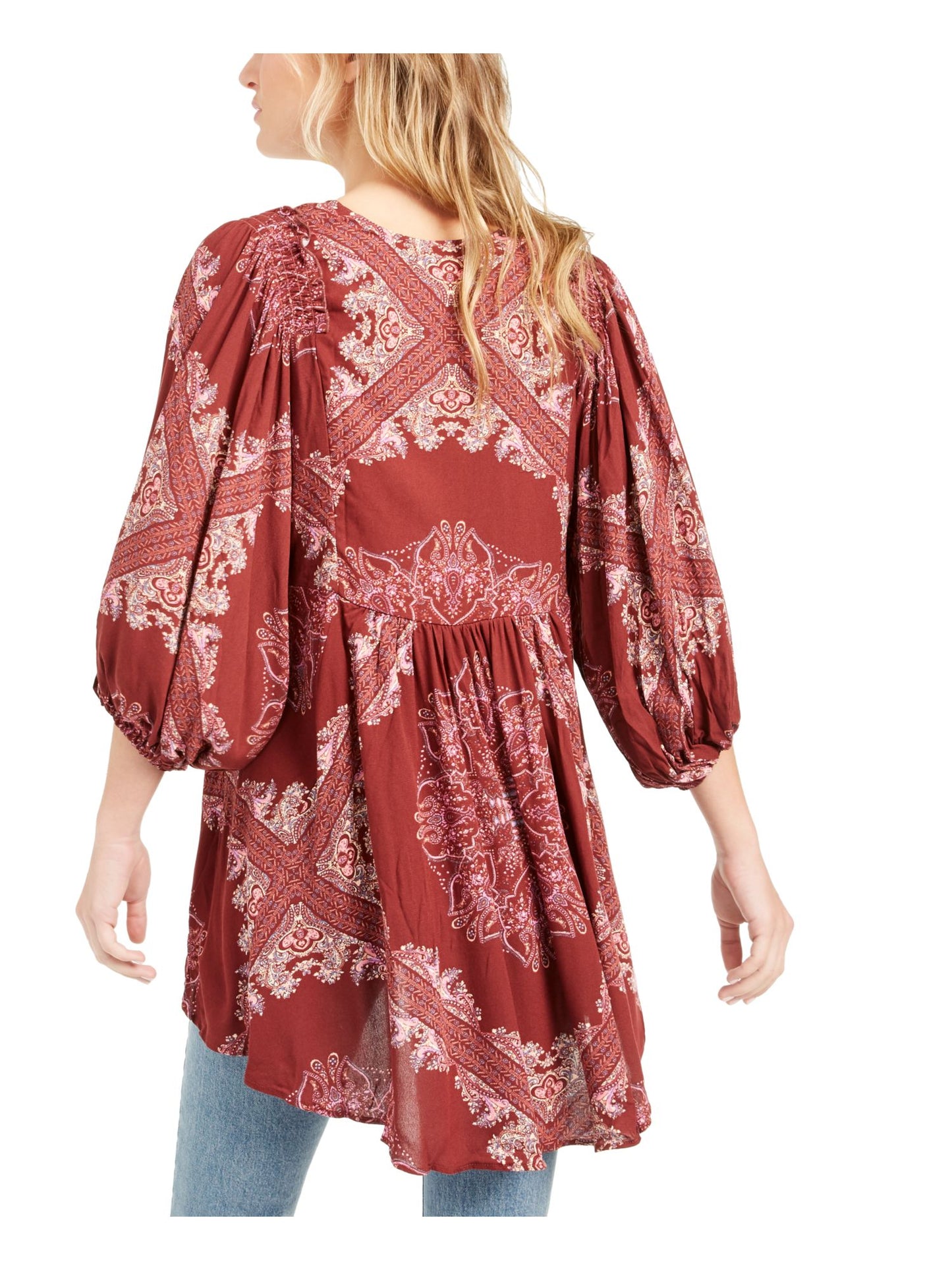 Free People Women's Paisley 3/4 Sleeve V Neck Top Size Medium