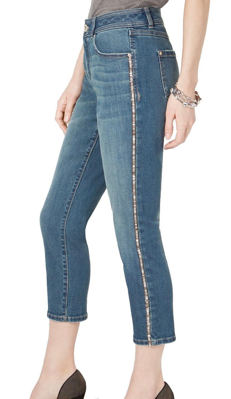 INC International Concepts Women's Sparkle Side Seam Skinny Cropped Jeans Blue Size 4