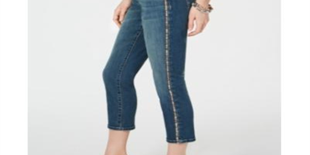 INC International Concepts Women's Sparkle Side Seam Skinny Cropped Jeans Blue Size 4