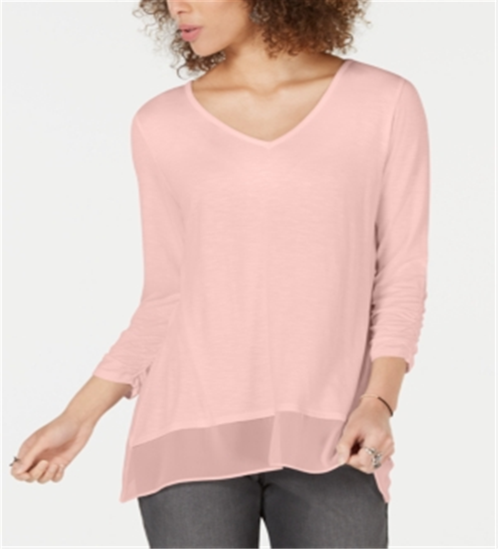 Style & Co Women's V Neck Chiffon Hem Top Pink Size Small
