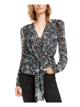 Leyden Women's Tie Front Paisley Long Sleeve V Neck Peplum Top Black Size X-Large