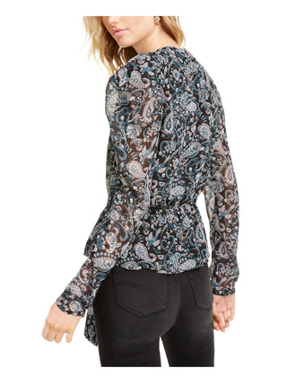 Leyden Women's Tie Front Paisley Long Sleeve V Neck Peplum Top Black Size X-Large