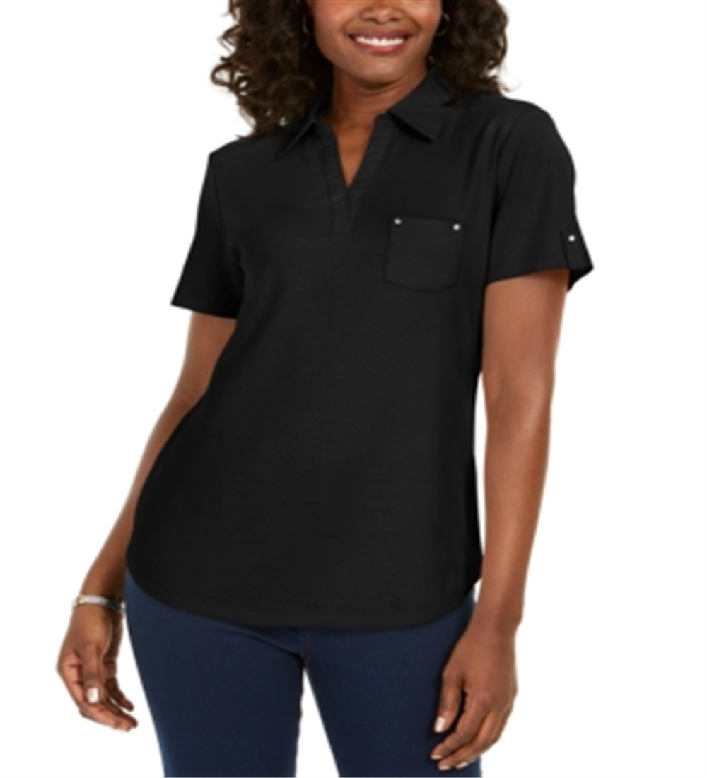 Karen Scott Women's Cotton Polo Shirt Black Size Medium