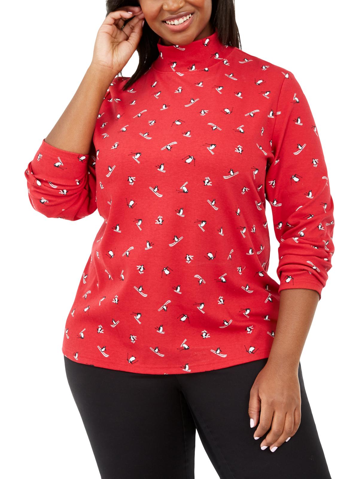 Karen Scott Women's Plus Glitter Printed Turtleneck Top Red Size 0X