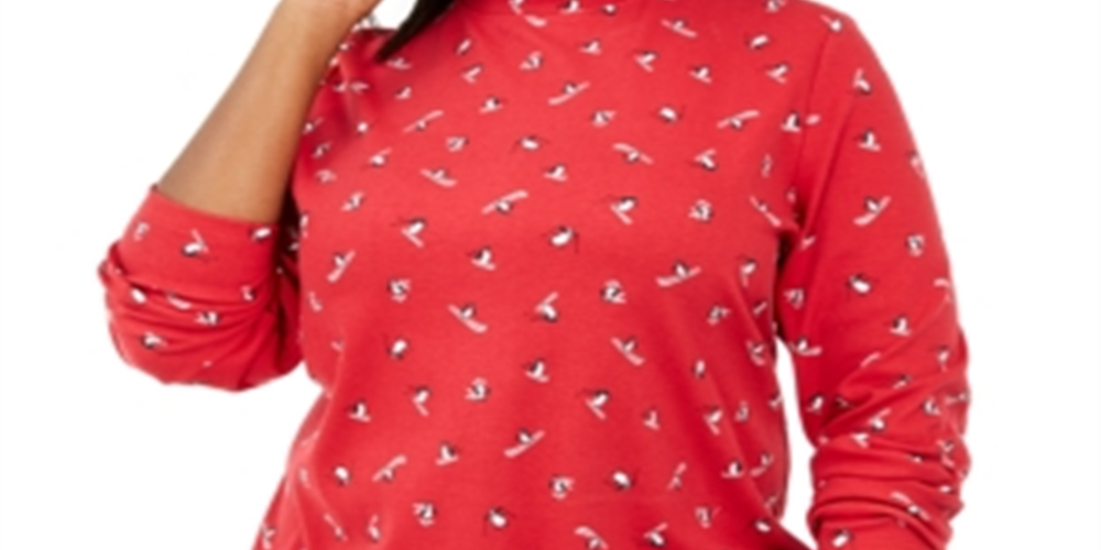 Karen Scott Women's Plus Glitter Printed Turtleneck Top Red Size 0X