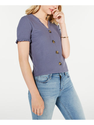 American Rag Women's Solid Short Sleeve V Neck Button up Party Top -Gray Size Small