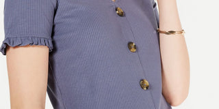 American Rag Women's Solid Short Sleeve V Neck Button up Party Top -Gray Size Small