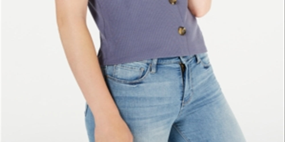 American Rag Women's Solid Short Sleeve V Neck Button up Party Top -Gray Size Small