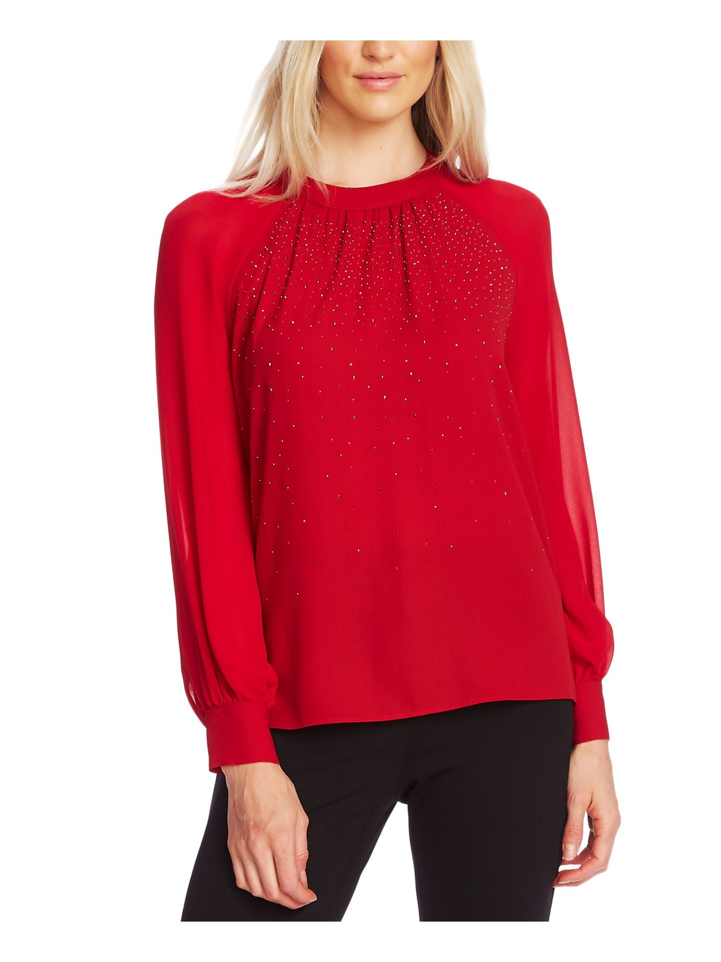 Vince Camuto Women's Embellished Sheer Sleeve Top Red Size X-Large